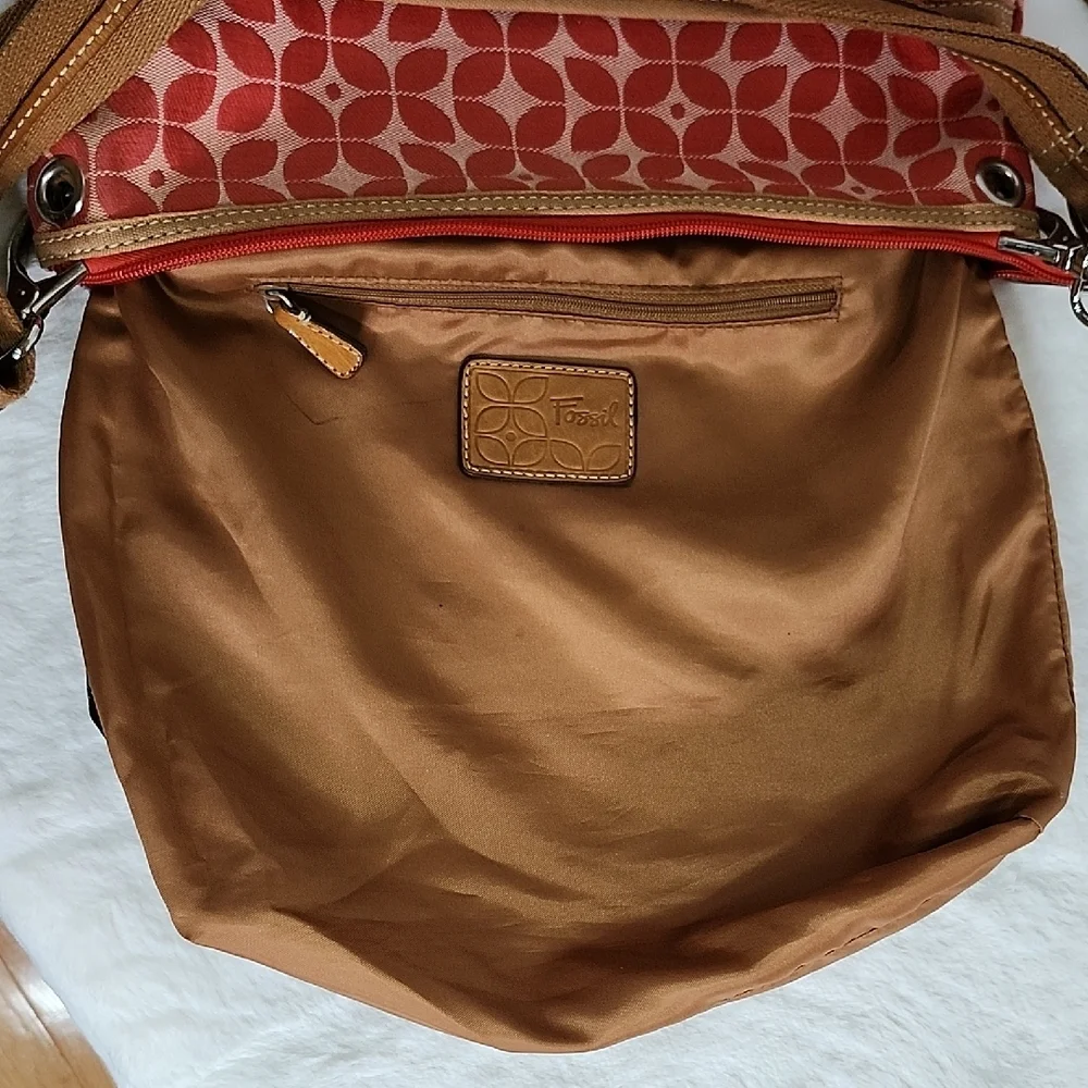 Fossil Orange Patterned Crossbody Bag with Tan Straps